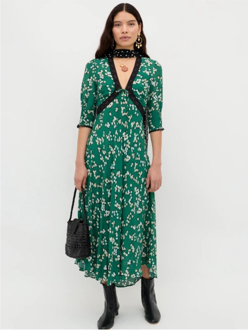New Rixo London Amina City Green Floral Lace Trim Midi Dress Size XL 12